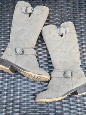Lucky Brand Brownish Suede Lace-Up Mid-Calf Boots with Buckles